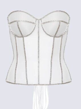White Corset w Silver Rhinestone Piping - Perfect Corset NYC